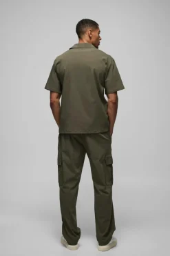 Discount boohooMAN Oversized Revere Bengaline Shirt & Cargo Trouser Set olive