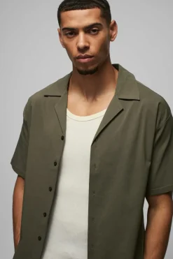 Discount boohooMAN Oversized Revere Bengaline Shirt & Cargo Trouser Set olive