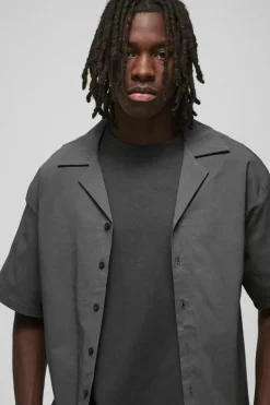 Flash Sale boohooMAN Oversized Revere Bengaline Shirt & Pleated Straight Stacked Trouser Set slate