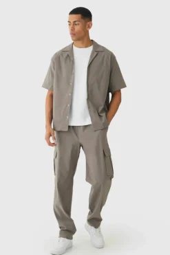 Discount boohooMAN Oversized Revere Bengaline Shirt & Cargo Trouser Set taupe
