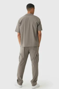 Discount boohooMAN Oversized Revere Bengaline Shirt & Cargo Trouser Set taupe
