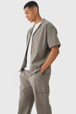 Discount boohooMAN Oversized Revere Bengaline Shirt & Cargo Trouser Set taupe