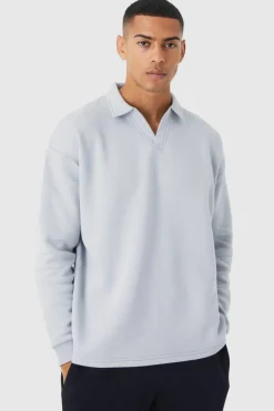 Discount boohooMAN Oversized Revere Neck Rugby Polo light grey