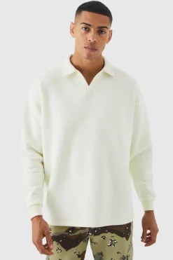 Hot boohooMAN Oversized Revere Neck Rugby Polo ecru
