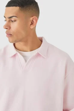Sale boohooMAN Oversized Revere Neck Rugby Polo light pink