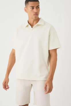 Clearance boohooMAN Oversized Revere Scuba Polo ecru