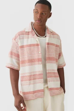 Online boohooMAN Oversized Revere Short Sleeve Stripe Shirt orange