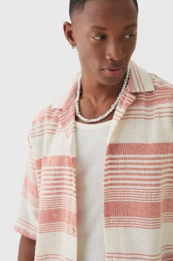 Online boohooMAN Oversized Revere Short Sleeve Stripe Shirt orange