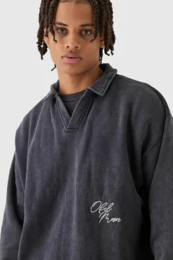 Discount boohooMAN Oversized Revere Washed Embroidered Rugby Sweatshirt Polo charcoal