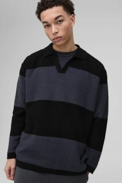 Shop boohooMAN Oversized Ribbed Colour Block Knitted Polo black
