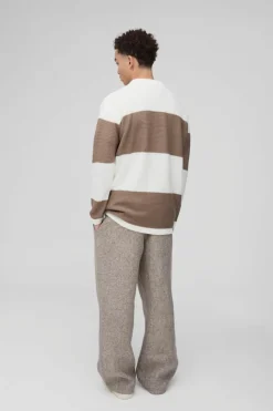 New boohooMAN Oversized Ribbed Colour Block Knitted Polo ecru