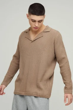 Flash Sale boohooMAN Oversized Ribbed Revere Knitted Polo stone
