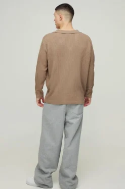 Flash Sale boohooMAN Oversized Ribbed Revere Knitted Polo stone