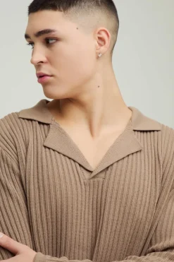 Flash Sale boohooMAN Oversized Ribbed Revere Knitted Polo stone