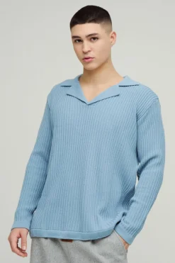 Online boohooMAN Oversized Ribbed Revere Knitted Polo light blue