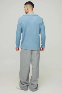 Online boohooMAN Oversized Ribbed Revere Knitted Polo light blue