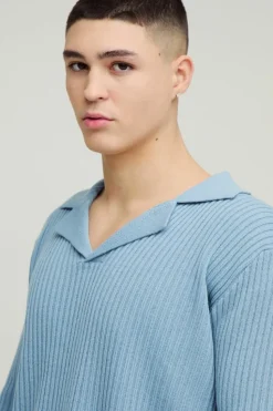 Online boohooMAN Oversized Ribbed Revere Knitted Polo light blue
