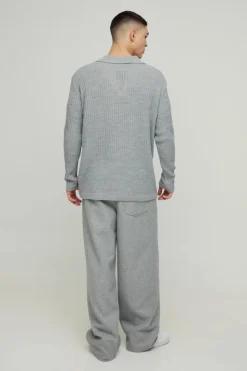 Outlet boohooMAN Oversized Ribbed Revere Knitted Polo grey