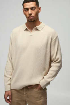 Discount boohooMAN Oversized Ribbed Revere Neck Knitted Polo stone