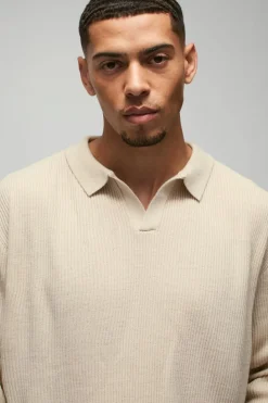 Discount boohooMAN Oversized Ribbed Revere Neck Knitted Polo stone