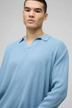 Clearance boohooMAN Oversized Ribbed Revere Neck Knitted Polo light blue