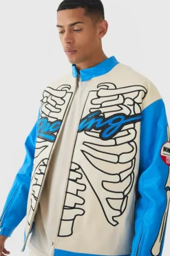 New boohooMAN Oversized Ribcage Applique PU Moto Jacket In blue
