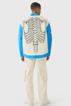 New boohooMAN Oversized Ribcage Applique PU Moto Jacket In blue