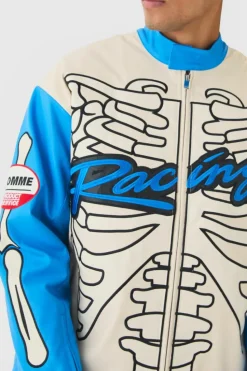 New boohooMAN Oversized Ribcage Applique PU Moto Jacket In blue
