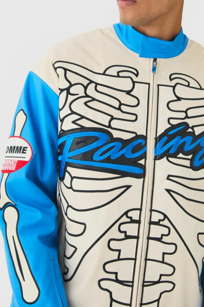 New boohooMAN Oversized Ribcage Applique PU Moto Jacket In blue