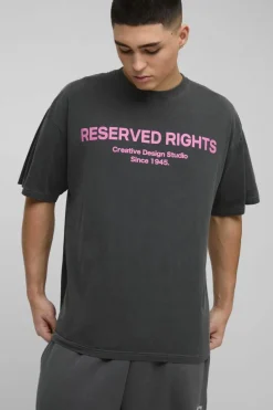 Clearance boohooMAN Oversized Rights Reserved Slogan Washed T-Shirt charcoal