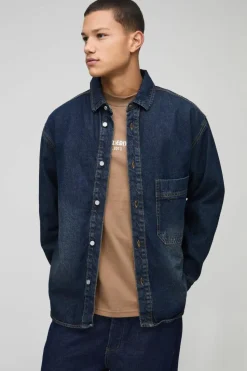 New boohooMAN Oversized Rigid ed Denim Shirt antique wash