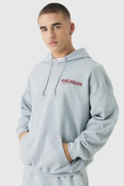 Best boohooMAN Oversized Rue Neuve Graphic Hoodie grey marl