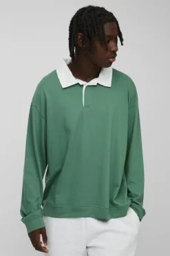 Best Sale boohooMAN Oversized Rugby Long Sleeve Polo green
