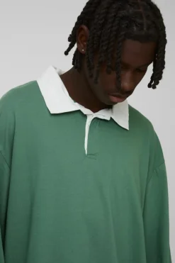 Best Sale boohooMAN Oversized Rugby Long Sleeve Polo green