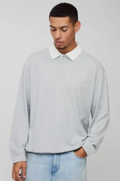 Hot boohooMAN Oversized Rugby Long Sleeve Polo grey marl
