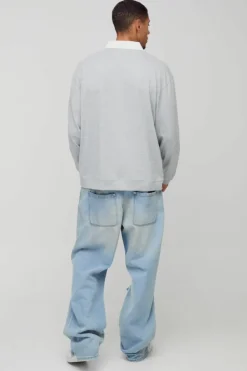 Hot boohooMAN Oversized Rugby Long Sleeve Polo grey marl