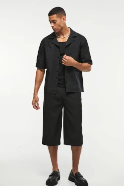 Fashion boohooMAN Oversized Seersucker Stripe Revere Shirt & Relaxed Short Set black