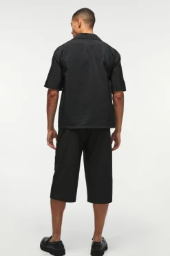 Fashion boohooMAN Oversized Seersucker Stripe Revere Shirt & Relaxed Short Set black