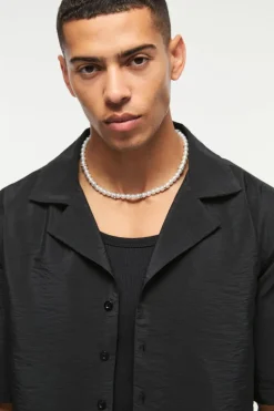 Fashion boohooMAN Oversized Seersucker Stripe Revere Shirt & Relaxed Short Set black