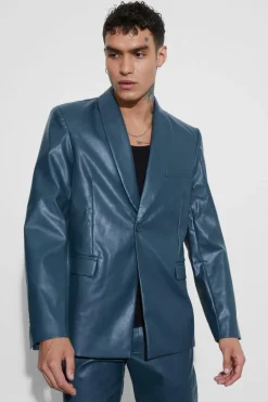 Hot boohooMAN Oversized Shawl Collar Pu Blazer teal