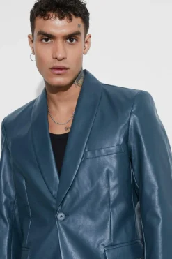 Hot boohooMAN Oversized Shawl Collar Pu Blazer teal
