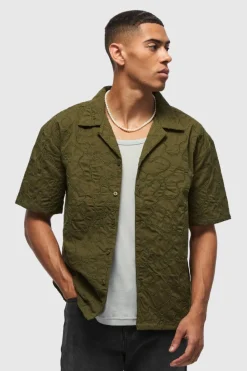 Best boohooMAN Oversized Short Sleeve Embroidered Revere Shirt khaki
