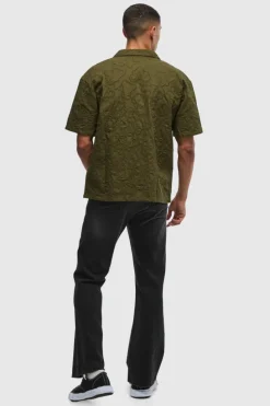 Best boohooMAN Oversized Short Sleeve Embroidered Revere Shirt khaki