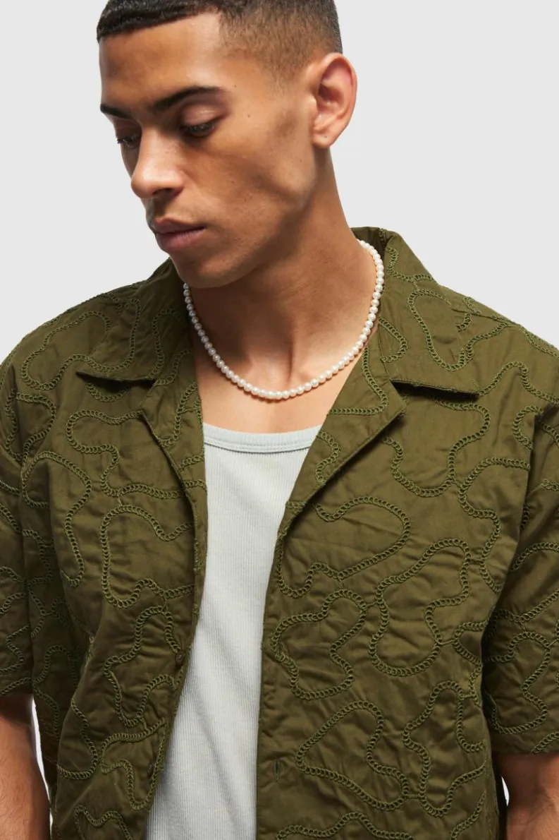 Best boohooMAN Oversized Short Sleeve Embroidered Revere Shirt khaki