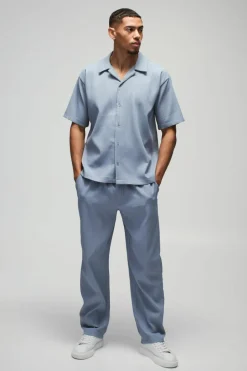 Outlet boohooMAN Oversized Short Sleeve Pleated Shirt & Straight Trouser Set slate blue
