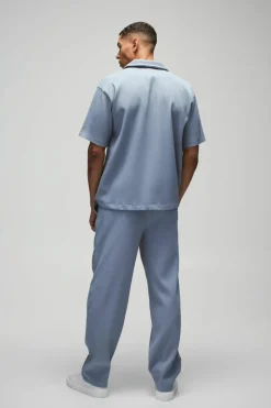 Outlet boohooMAN Oversized Short Sleeve Pleated Shirt & Straight Trouser Set slate blue