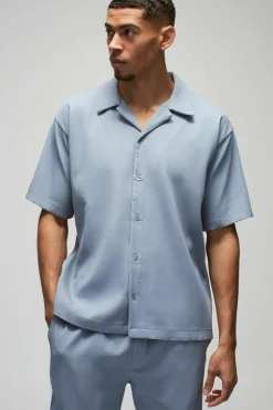 Outlet boohooMAN Oversized Short Sleeve Pleated Shirt & Straight Trouser Set slate blue