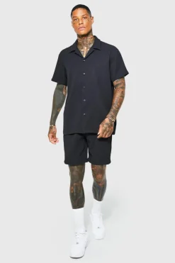 Shop boohooMAN Oversized Short Sleeve Pleated Shirt And Short black