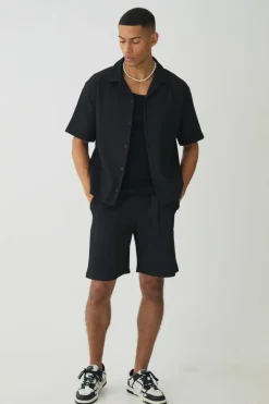 Shop boohooMAN Oversized Short Sleeve Pleated Shirt And Short black