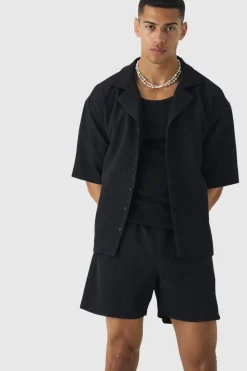 Discount boohooMAN Oversized Short Sleeve Pleated Shirt And Short black